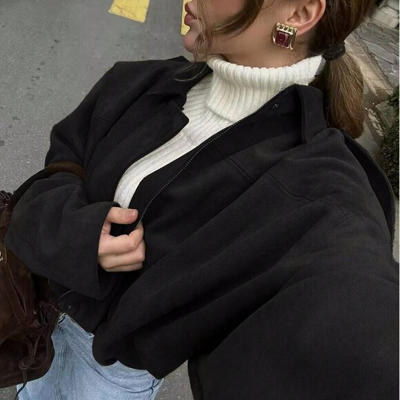 Black Casual Women's  Loose Long Sleeves Zip Bomber Coat Jacket Outerwears - Picture 2 of 5